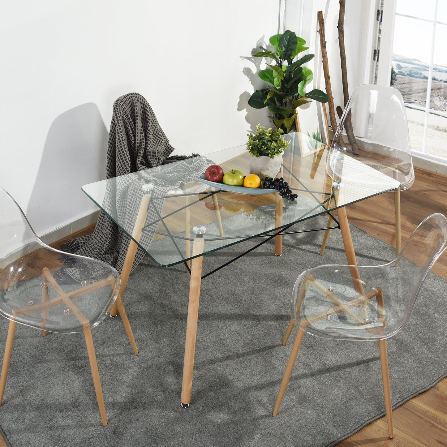 Modern Rectangular Glass Dining Table with Wooden Legs Zappa