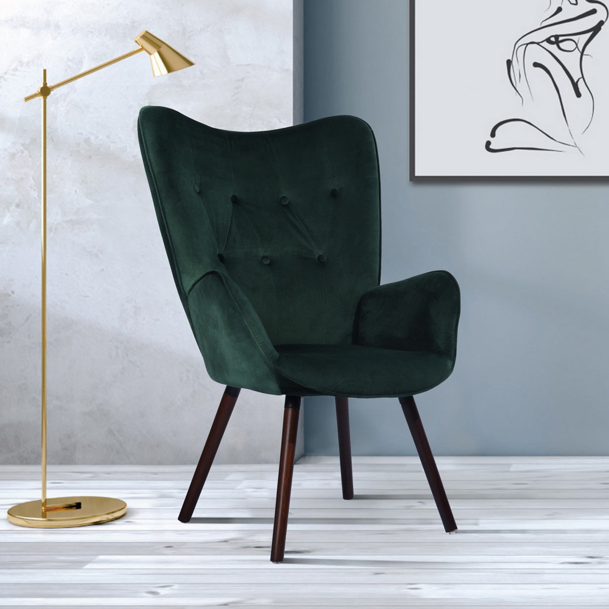 Velvet Accent Chair Modern Tufted Button Wingback Wooden Legs Kas