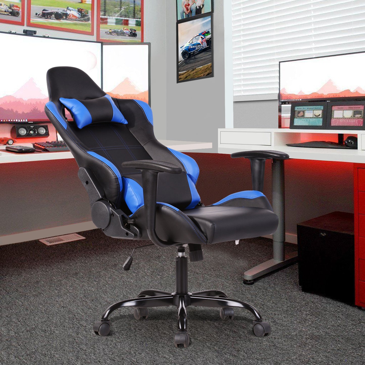 Gaming Chair PU Racing Office Chair Recliner Swivel Rocker with Headrest and Lumbar Pillow Ahien