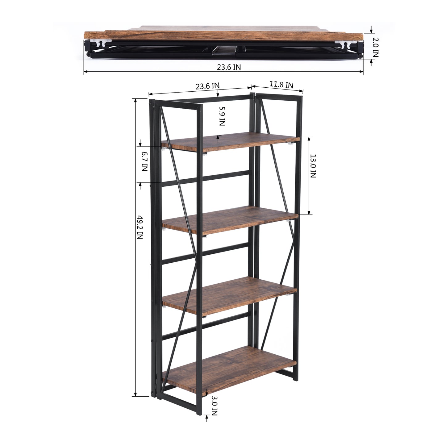 Folding Bookcase 4 Shelves Bookshelf Storage Organizer Backer