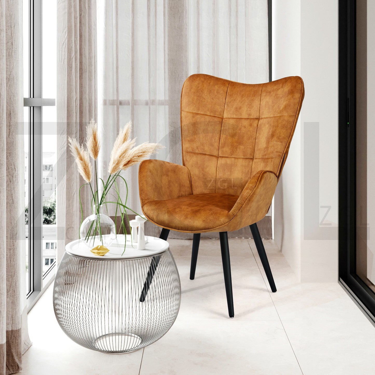 Fabric Accent Chair Modern Tufted Button Wingback Wooden Legs Bogdan