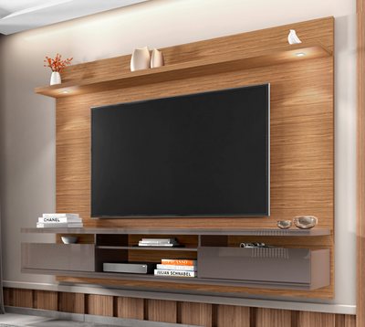 Suspend Home Verona With Led 2,20M TV Stand Wall-Mounted Entertainment Center Noce/Pearl Grey