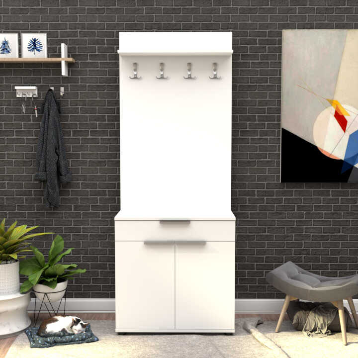 Hallstand & Shoe Cabinet W/ One Drawer & Two Doors White PRT