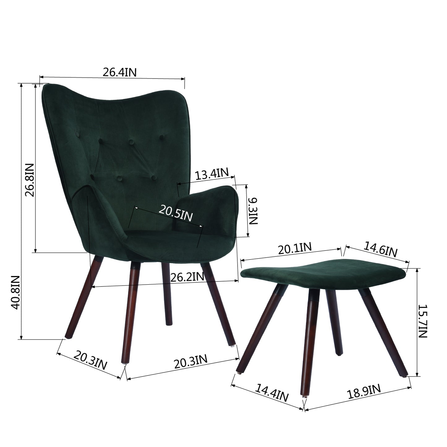 Velvet Accent Chair with Footrest Stool Tufted Button Wingback Wooden Legs Kas