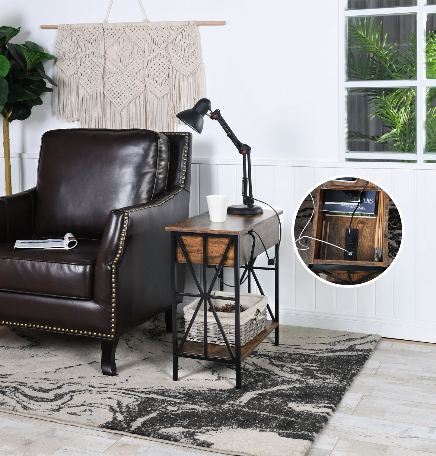 End Table with Charging Station Sofa Table Narrow with USB Ports Lutie