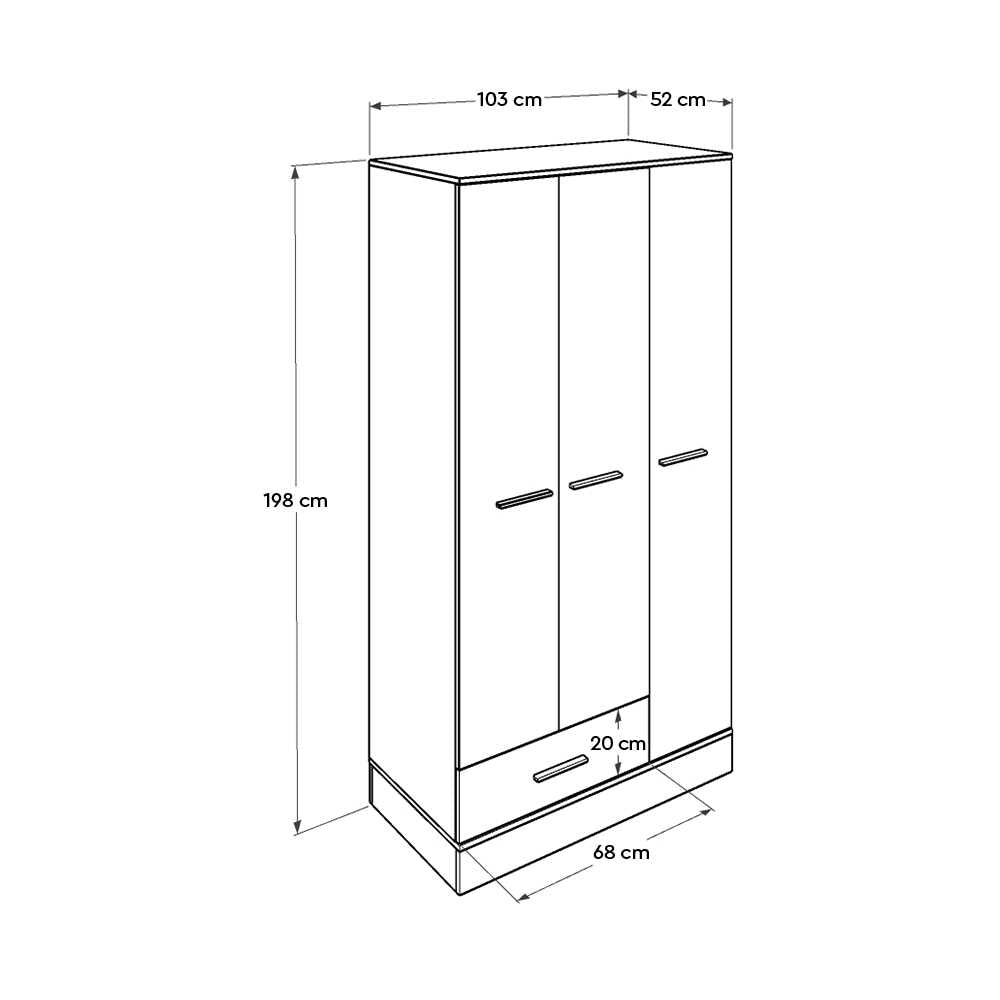 Base Teen Room Wardrobe W/ Three Doors & One Drawer Italian Oak & White GRD