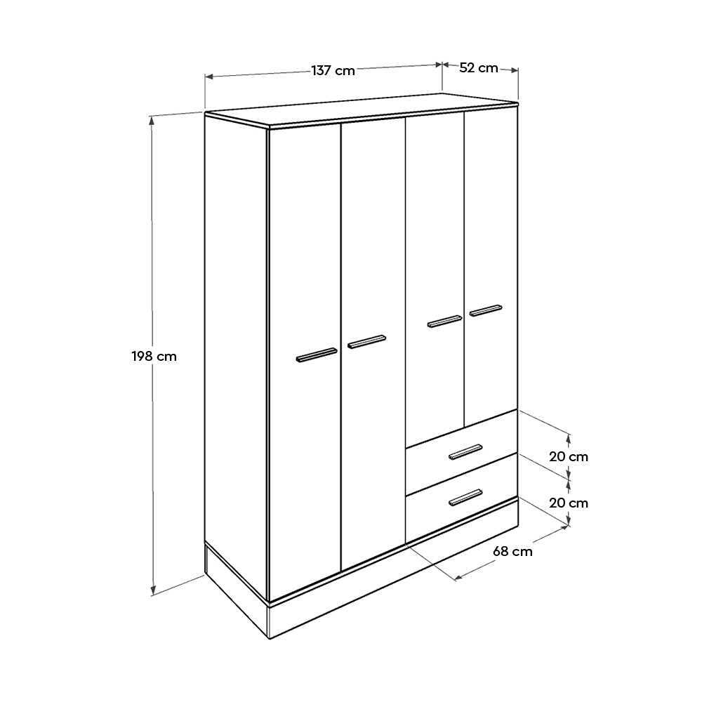 Base Teen Room Wardrobe W/ Four Doors & Two Drawers Italian Oak & White GRD