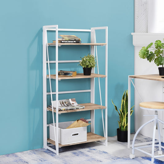 Folding Bookcase 4 Shelves Bookshelf Storage Organizer Backer