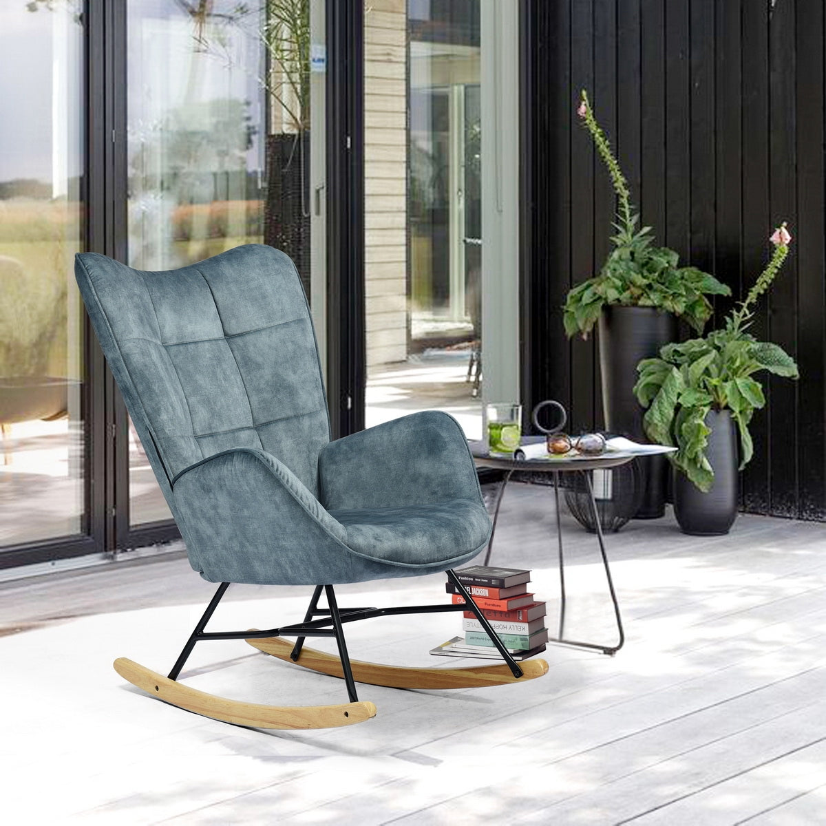 Rocking Accent Chair Fabric Velvet Wooden Legs Armrest Kelan