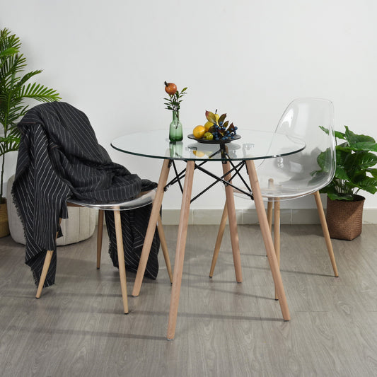 Modern Round Glass Dining Table with Wooden Legs Chad