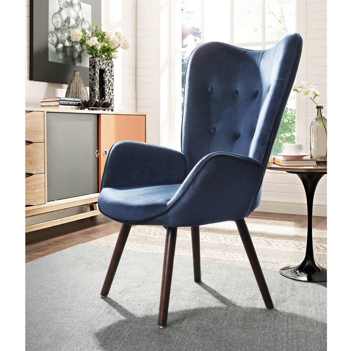 Velvet Accent Chair Modern Tufted Button Wingback Wooden Legs Kas