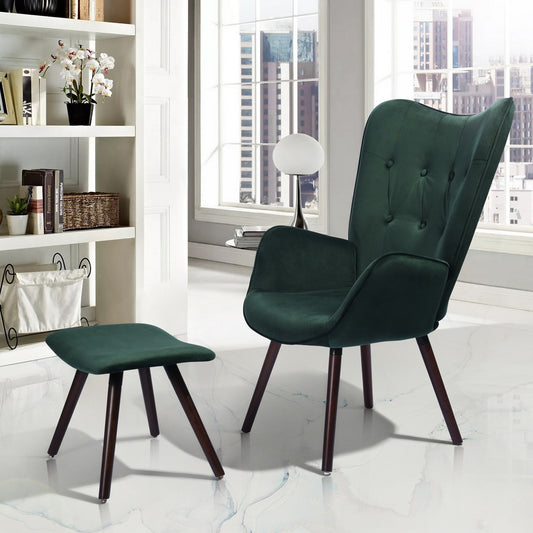Velvet Accent Chair with Footrest Stool Tufted Button Wingback Wooden Legs Kas