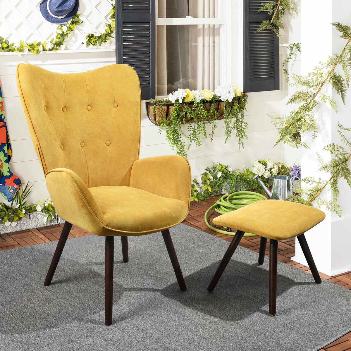 Velvet Accent Chair with Footrest Stool Tufted Button Wingback Wooden Legs Kas
