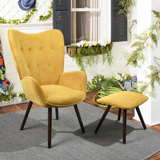 Velvet Accent Chair with Footrest Stool Tufted Button Wingback Wooden Legs Kas