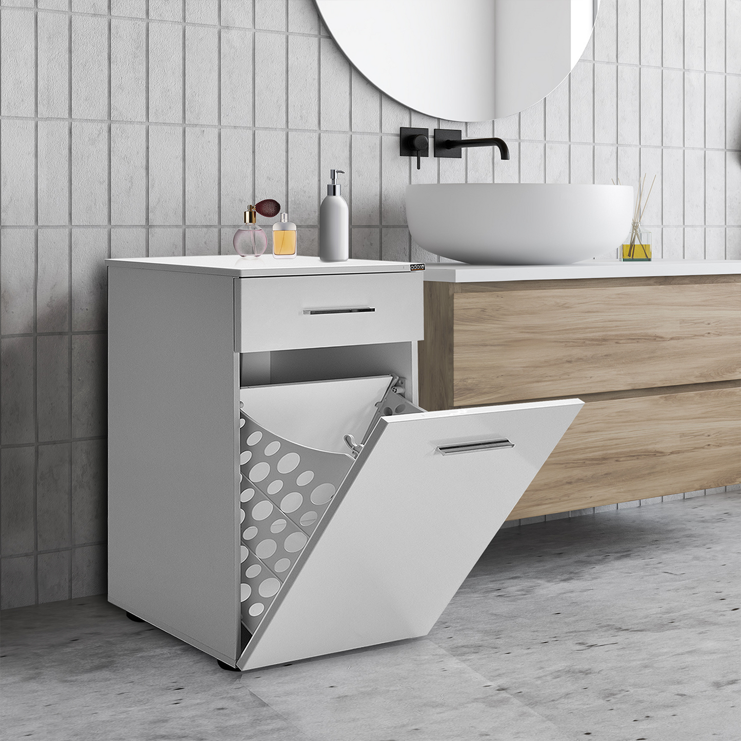 Laundry Cabinet W/ Laundry Basket Section & One Drawer High Gloss White ADR