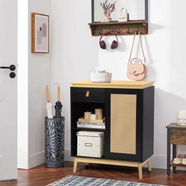 Modern Rattan Storage Cabinet with 1 Drawer, 1 Door & 2 Open Shelf Black Sorath