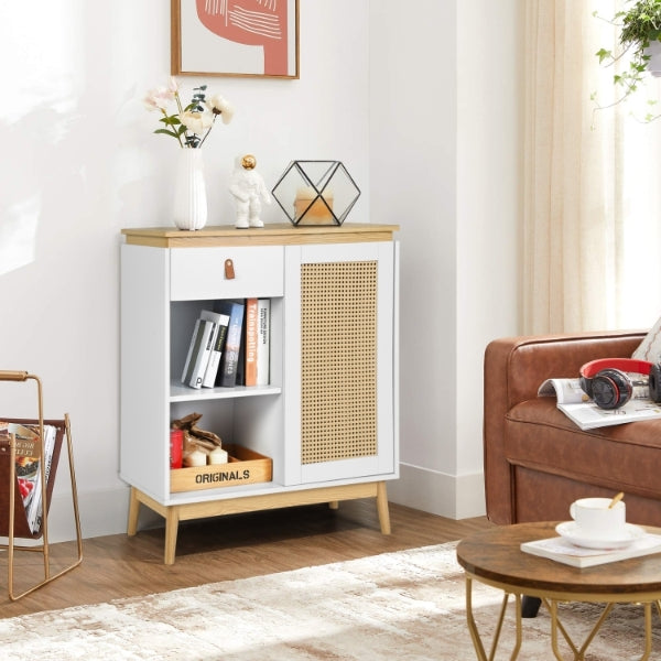 Modern Rattan Storage Cabinet with 1 Drawer, 1 Door & 2 Open Shelf White Sorath