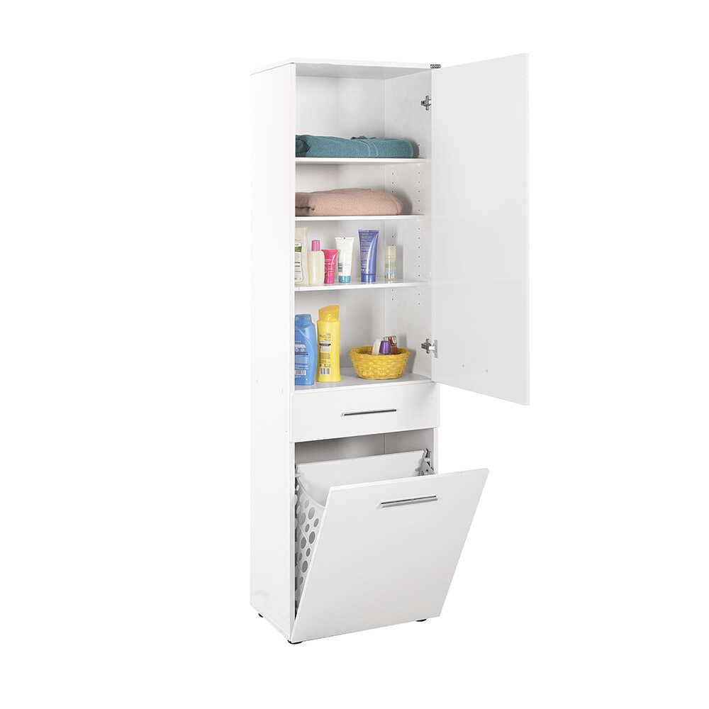 Laundry Cabinet W/ Laundry Basket Section & One Drawer & One Door High Gloss White ADR