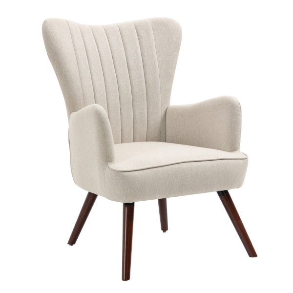 Beige Accent Chair with Wooden Legs Wing