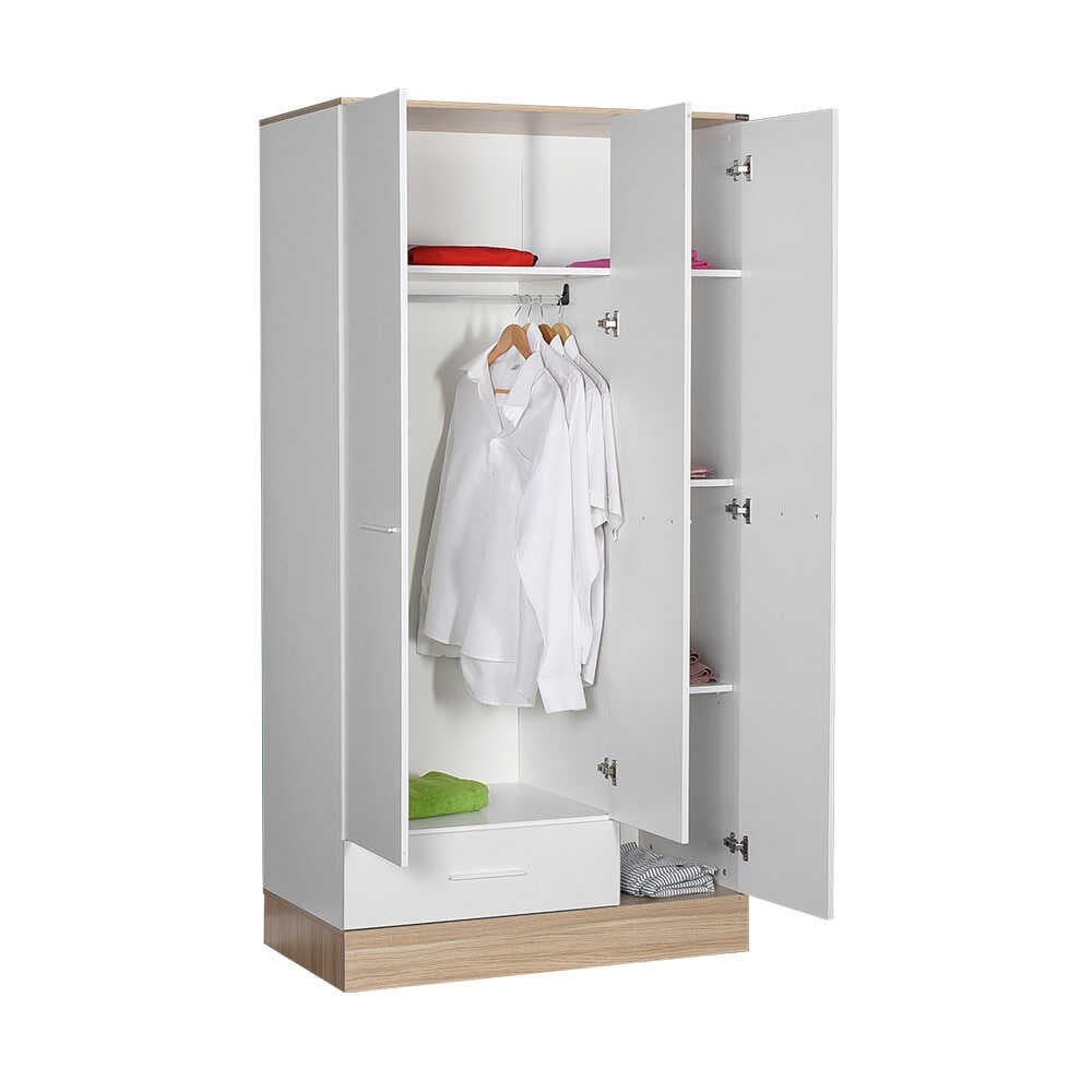 Base Teen Room Wardrobe W/ Three Doors & One Drawer Italian Oak & White GRD