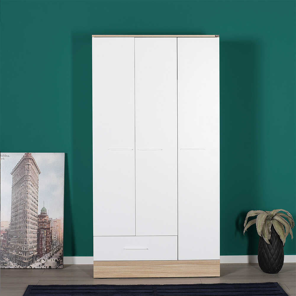Base Teen Room Wardrobe W/ Three Doors & One Drawer Italian Oak & White GRD