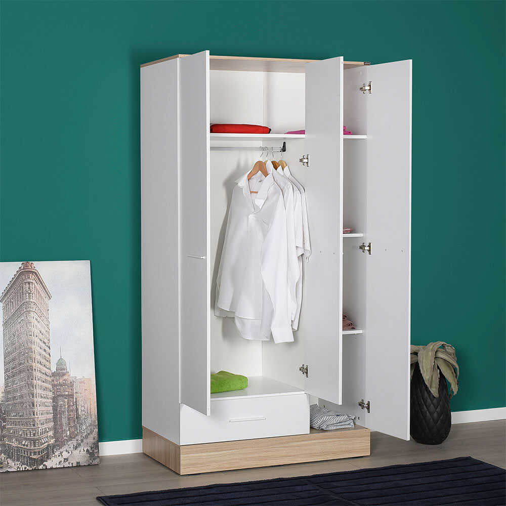 Base Teen Room Wardrobe W/ Three Doors & One Drawer Italian Oak & White GRD