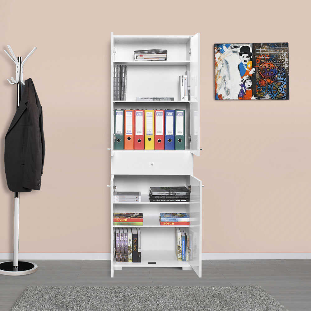 Multipurpose Cabinet W/ Two Sections & Four Doors & One Drawer High Gloss White ADR