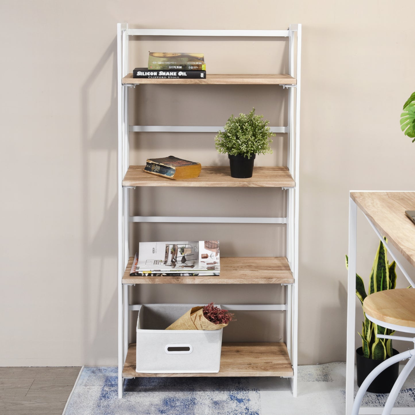 Folding Bookcase 4 Shelves Bookshelf Storage Organizer Backer