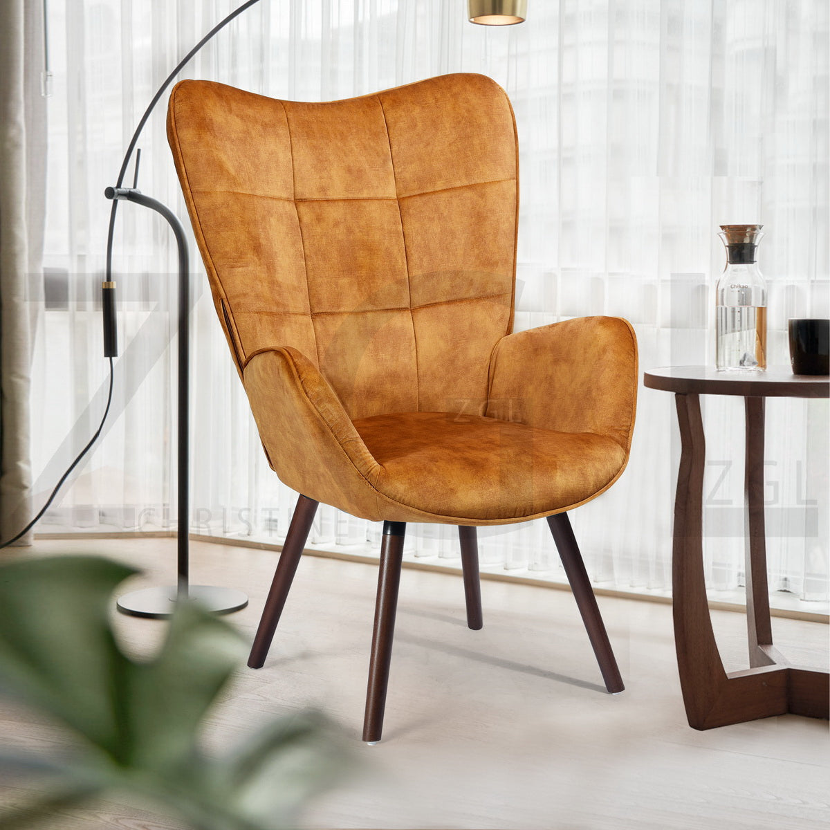 Fabric Accent Chair Modern Tufted Button Wingback Wooden Legs Bogdan