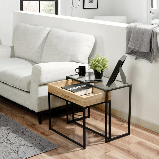 Set of 2 Coffee Table Side Table with Tray Curry
