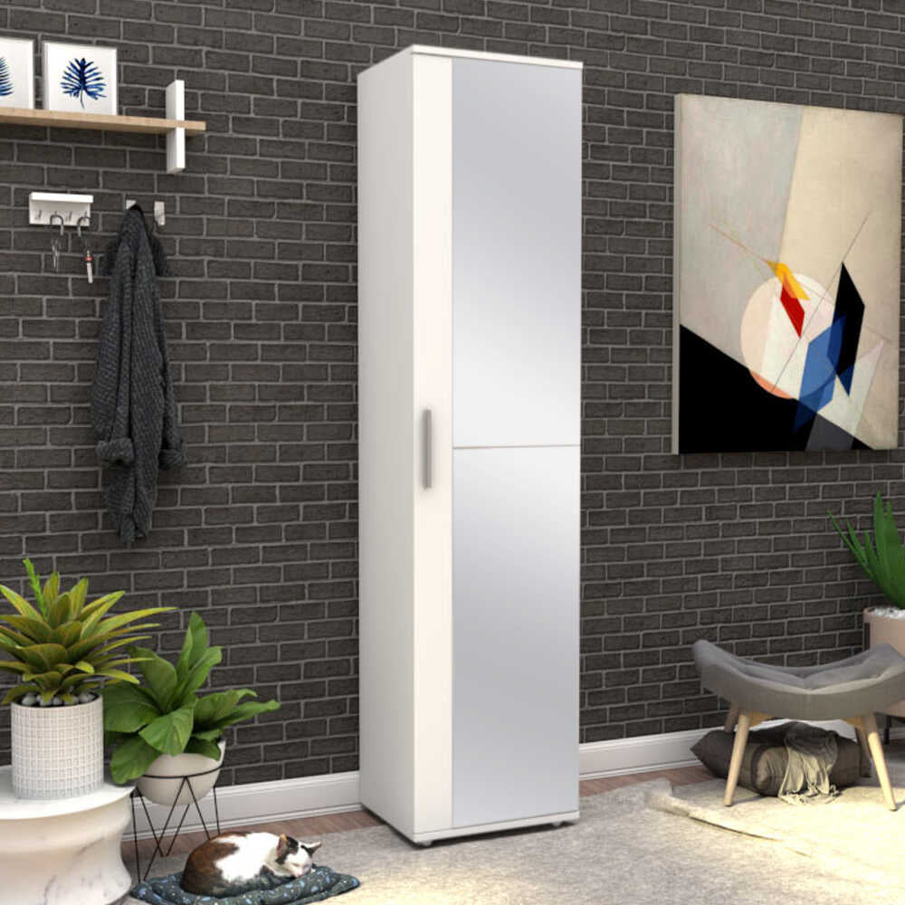 Shoe Cabinet W/ Ten Adj. Shelves & One Door & Mirror White SHC