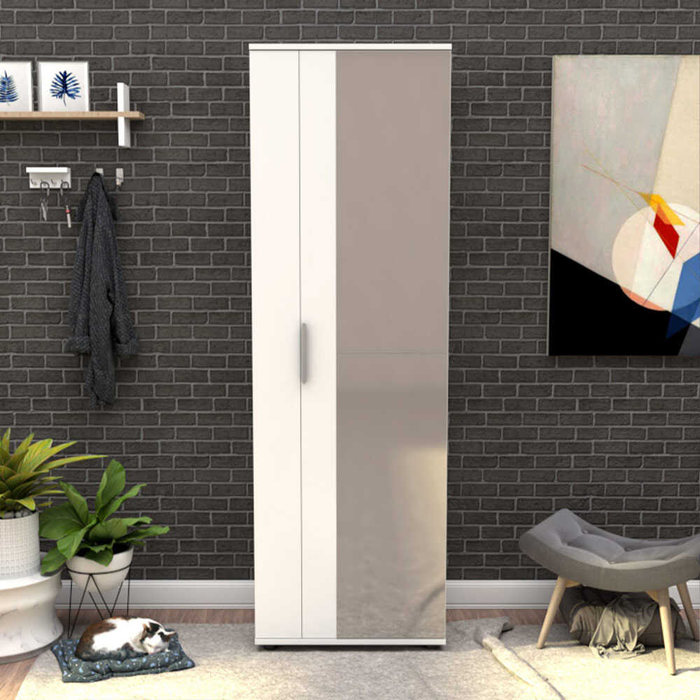 Shoe Cabinet W/ Ten Adj. Shelves & Two Doors & Mirror White SHC