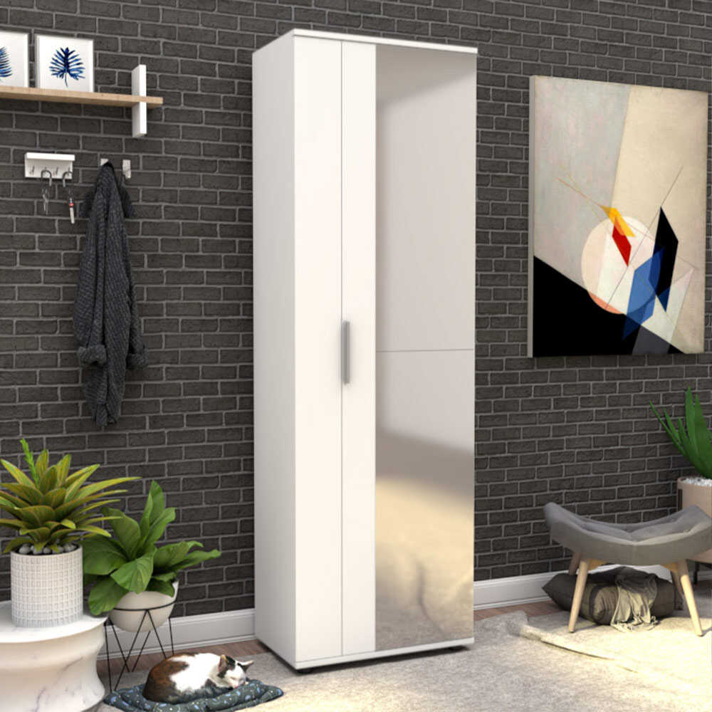 Shoe Cabinet W/ Ten Adj. Shelves & Two Doors & Mirror White SHC