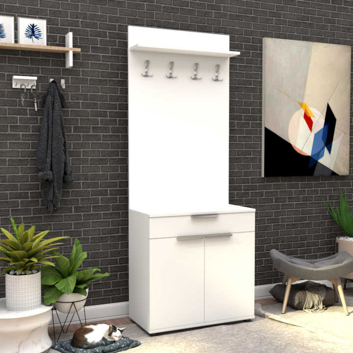Hallstand & Shoe Cabinet W/ One Drawer & Two Doors White PRT