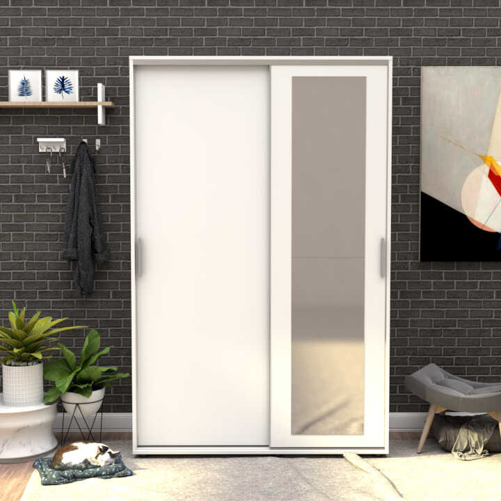 Hallstand & Shoe Cabinet W/ Sliding Doors & Mirror White PRT