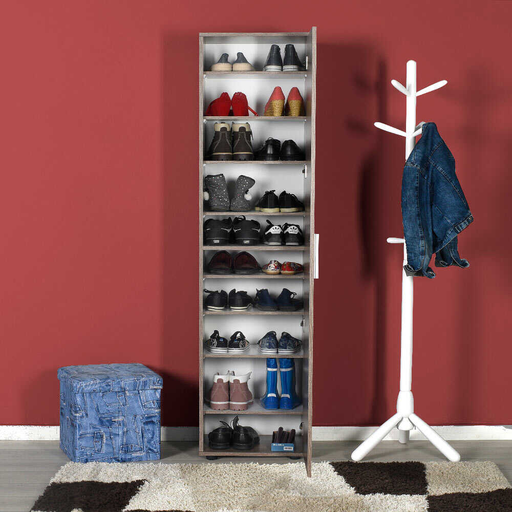 Shoe Cabinet W/ Ten Adj. Shelves & One Door & Mirror Latte SHC