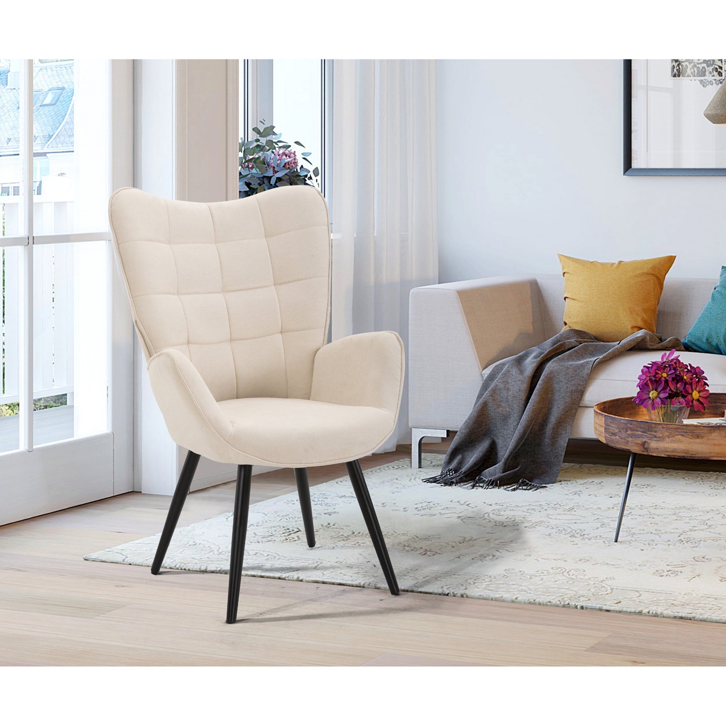 Fabric Accent Chair Modern Tufted Button Wingback Wooden Legs Funkel