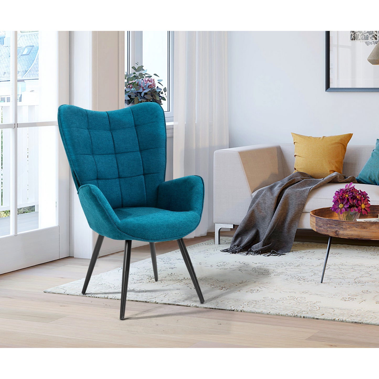 Fabric Accent Chair Modern Tufted Button Wingback Wooden Legs Funkel