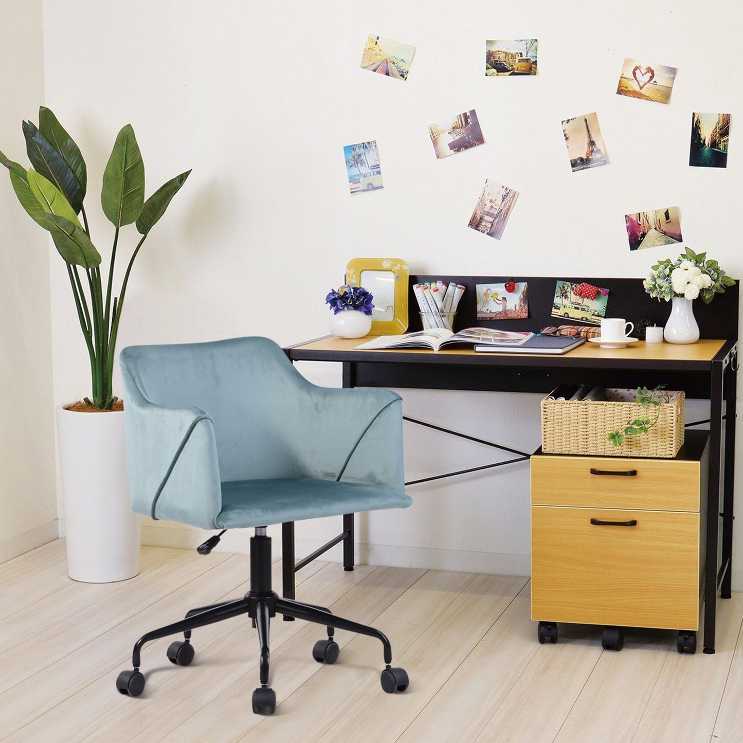 Velvet Upholstered Swivel Ergonomic Home Office Chair Armrest Jamal