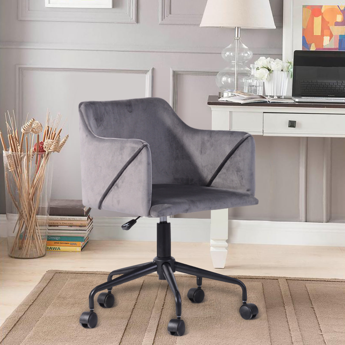 Velvet Upholstered Swivel Ergonomic Home Office Chair Armrest Jamal