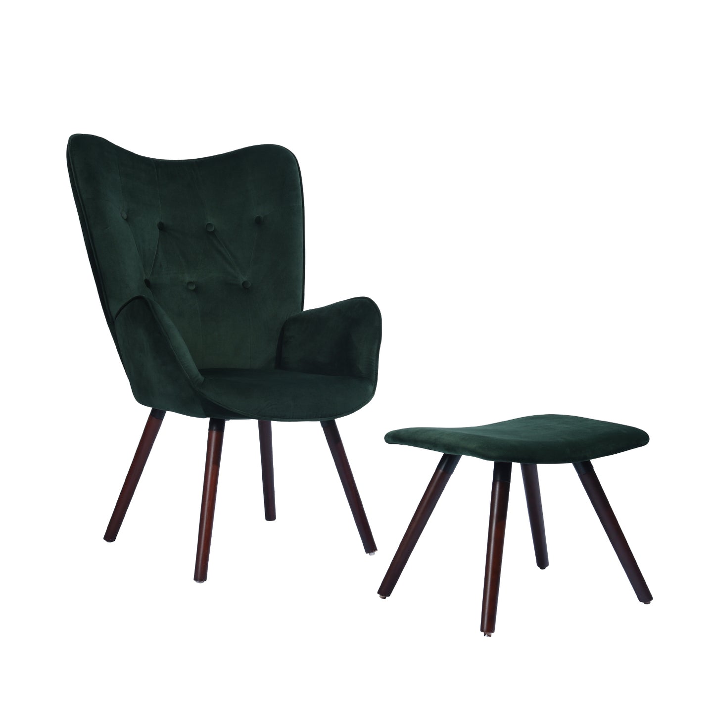 Velvet Accent Chair with Footrest Stool Tufted Button Wingback Wooden Legs Kas