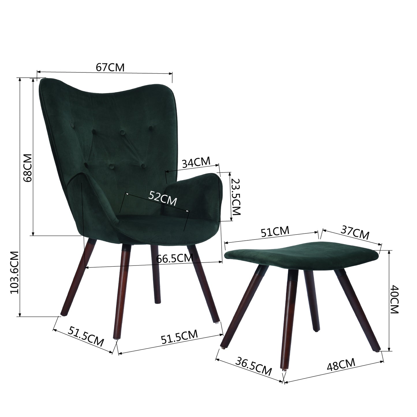 Velvet Accent Chair with Footrest Stool Tufted Button Wingback Wooden Legs Kas