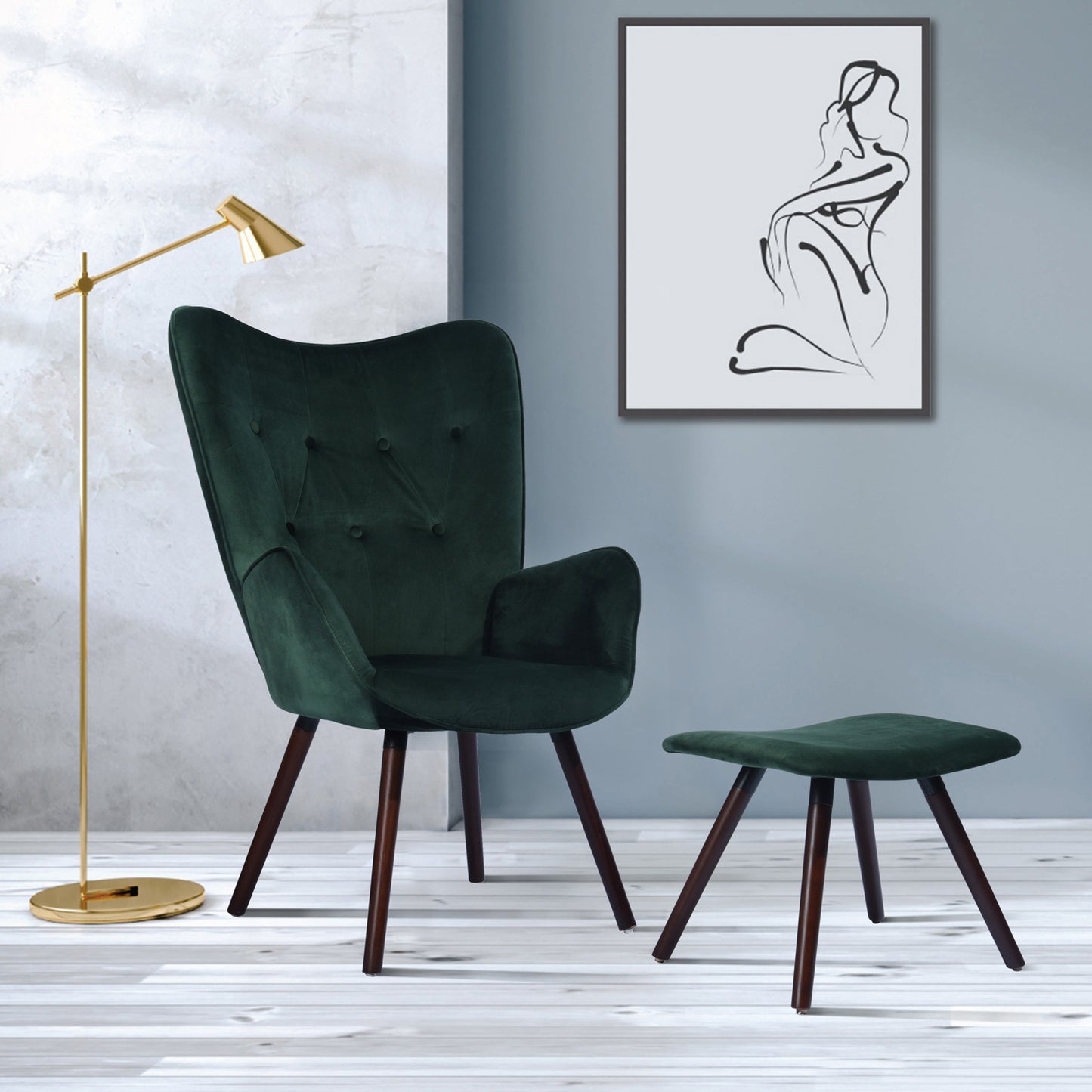 Velvet Accent Chair with Footrest Stool Tufted Button Wingback Wooden Legs Kas