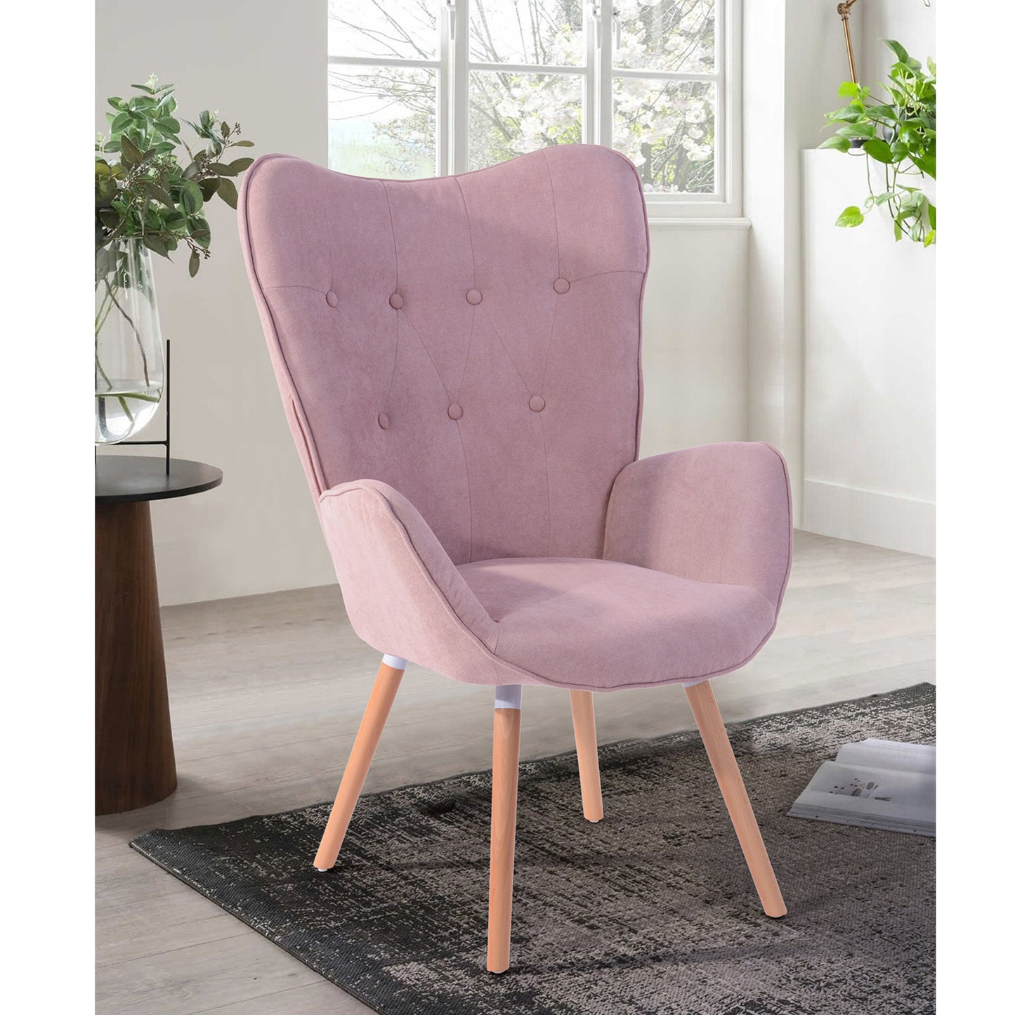Fabric Accent Chair Modern Tufted Button Wingback Wooden Legs Kas