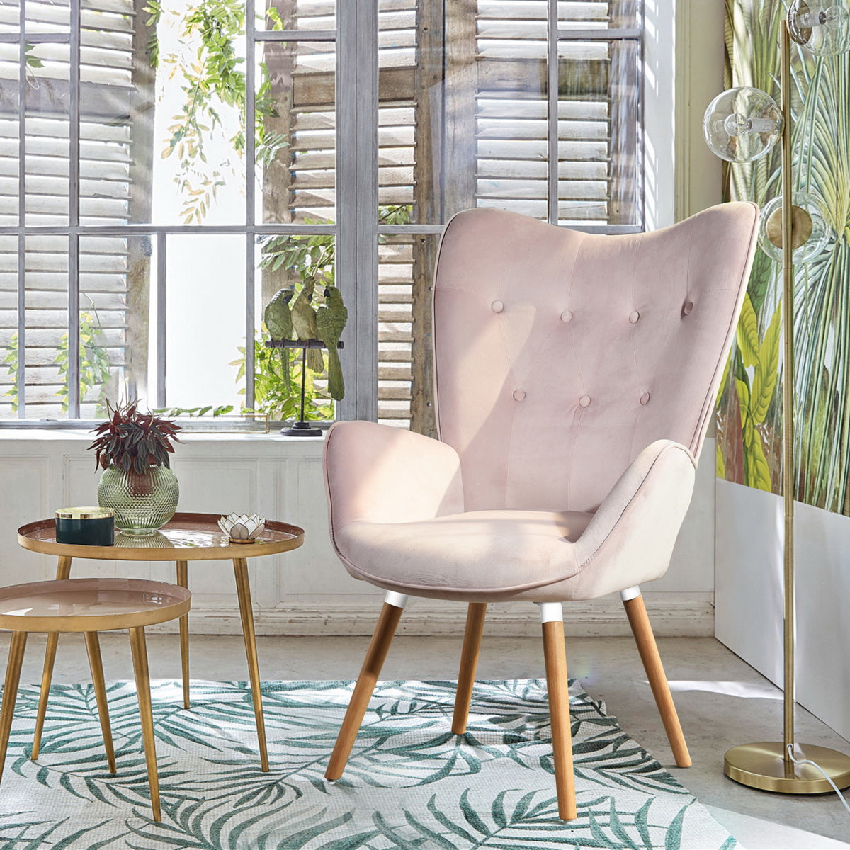 Velvet Accent Chair Modern Tufted Button Wingback Wooden Legs Kas