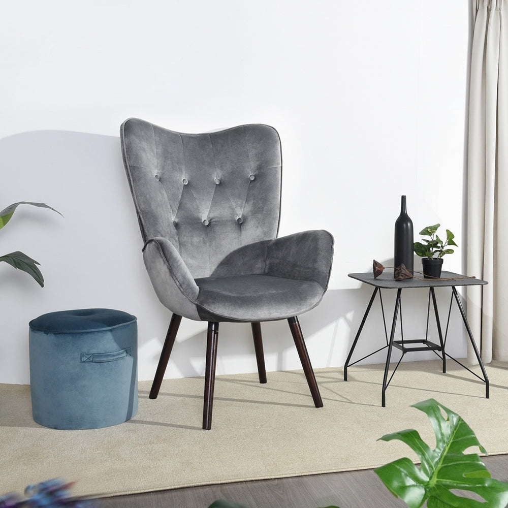 Velvet Accent Chair Modern Tufted Button Wingback Wooden Legs Kas