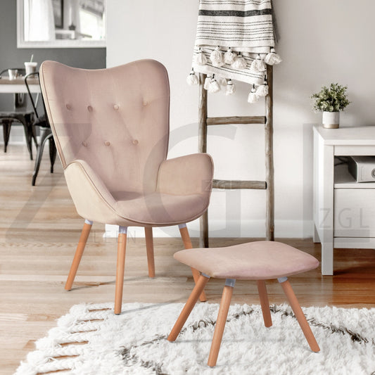 Velvet Accent Chair with Footrest Stool Tufted Button Wingback Wooden Legs Kas