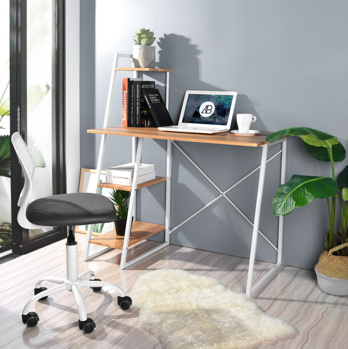 Computer Desk with Storage Shelves Study Writing Table Pouchu