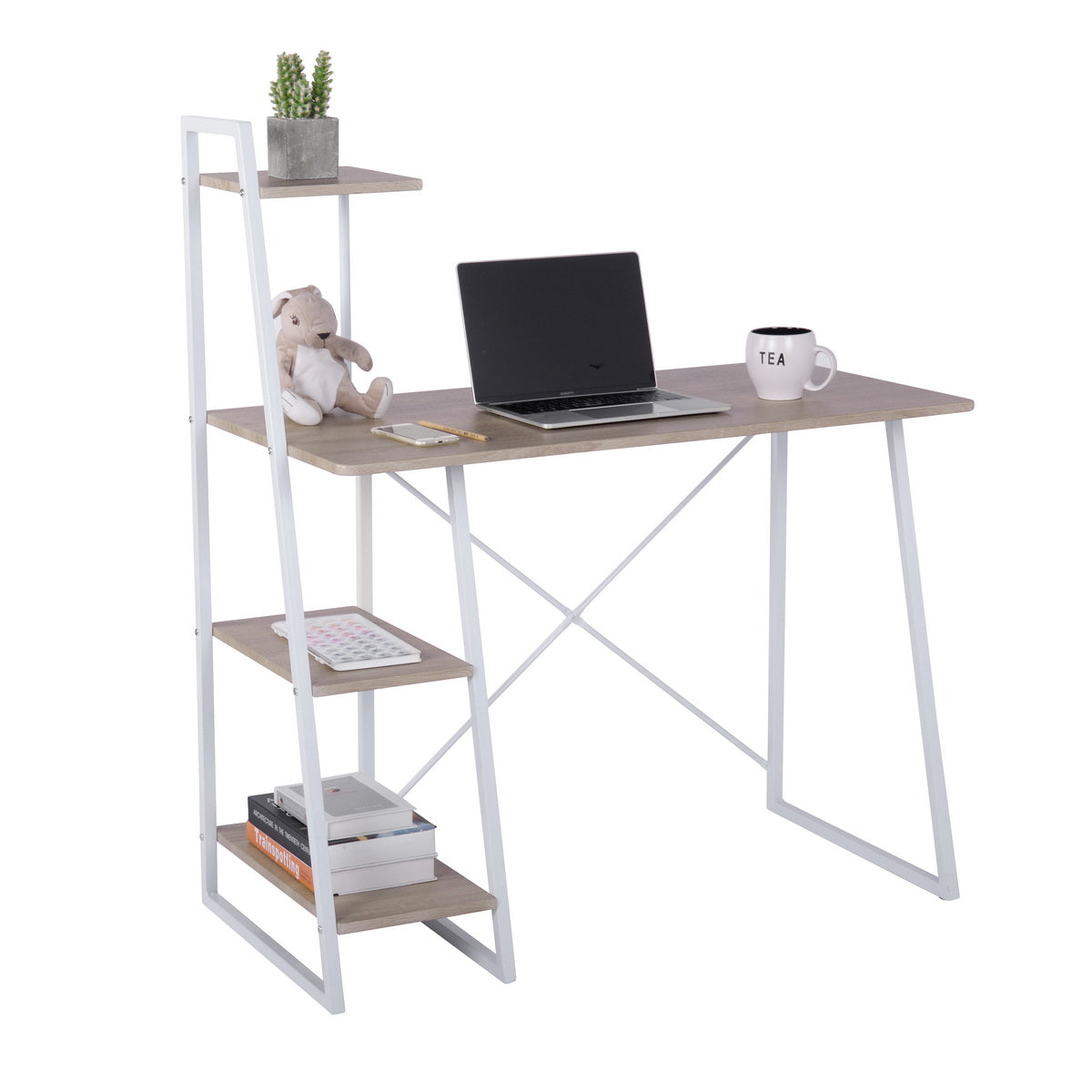 Computer Desk with Storage Shelves Study Writing Table Pouchu