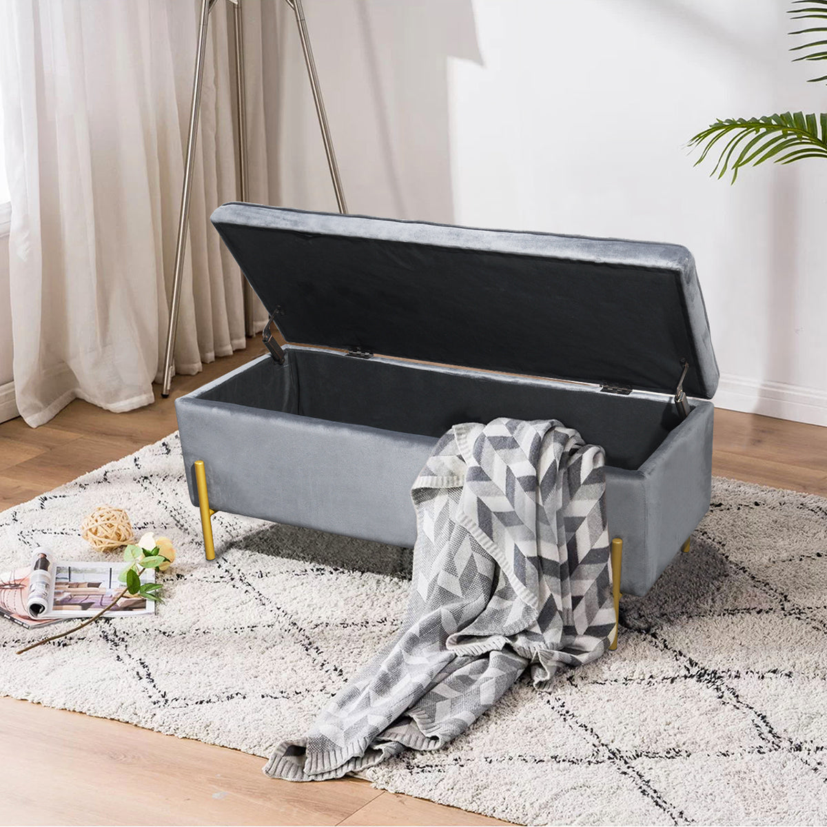 Storage Ottoman Bench Velvet Upholstered Footrest Stool Tudor